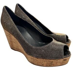 Stuart Weitzman Metallic Anna Cork Wedge Platform Peep Toe Pumps, Size 8, EUC